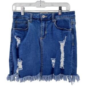 Denim Blvd Blue Medium Wash Mini Jean Skirt Womens L Distressed Raw Hem Stretch